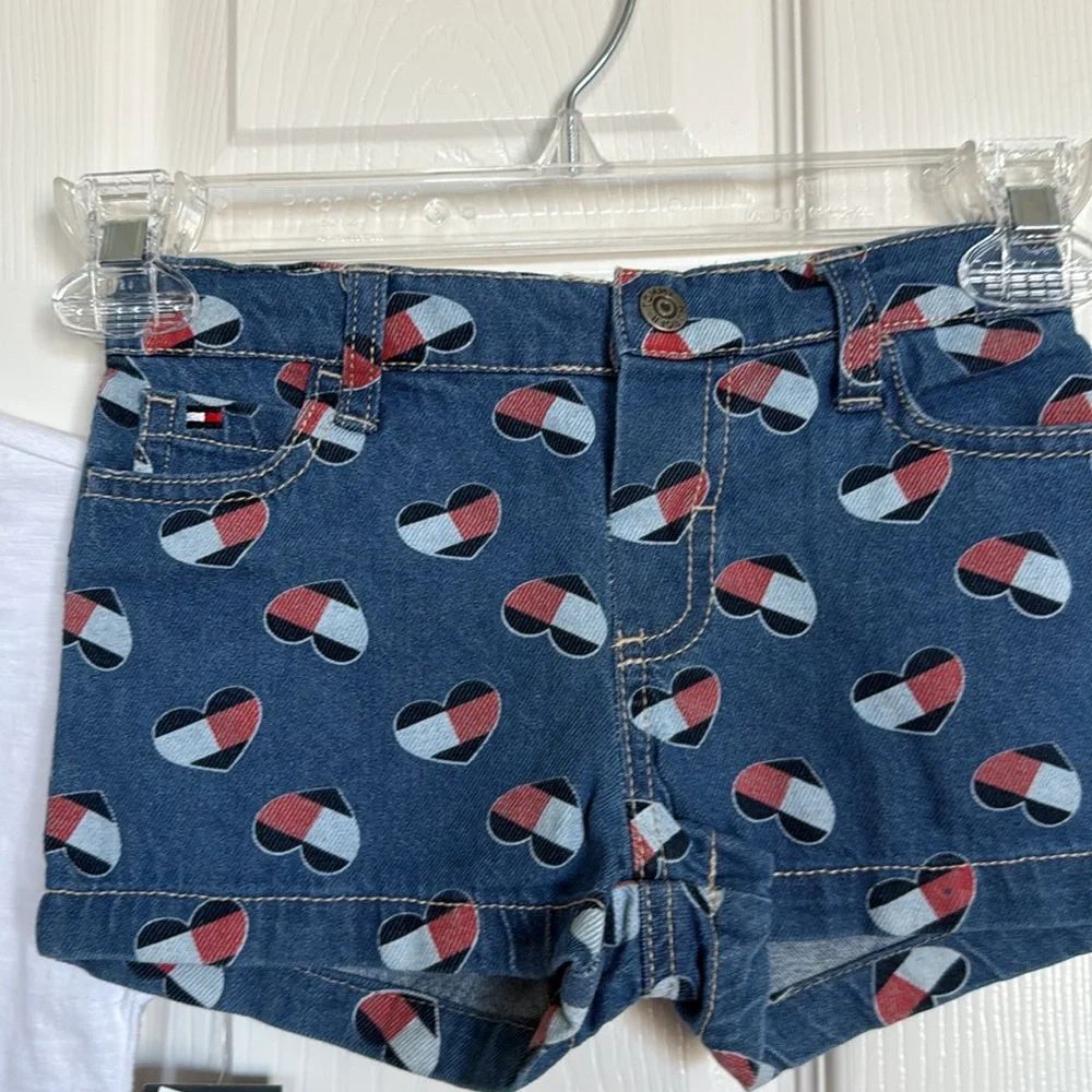 New! Tommy Hilfiger Heart Logo Tee and Patterned Denim Shorts, Size 5T
